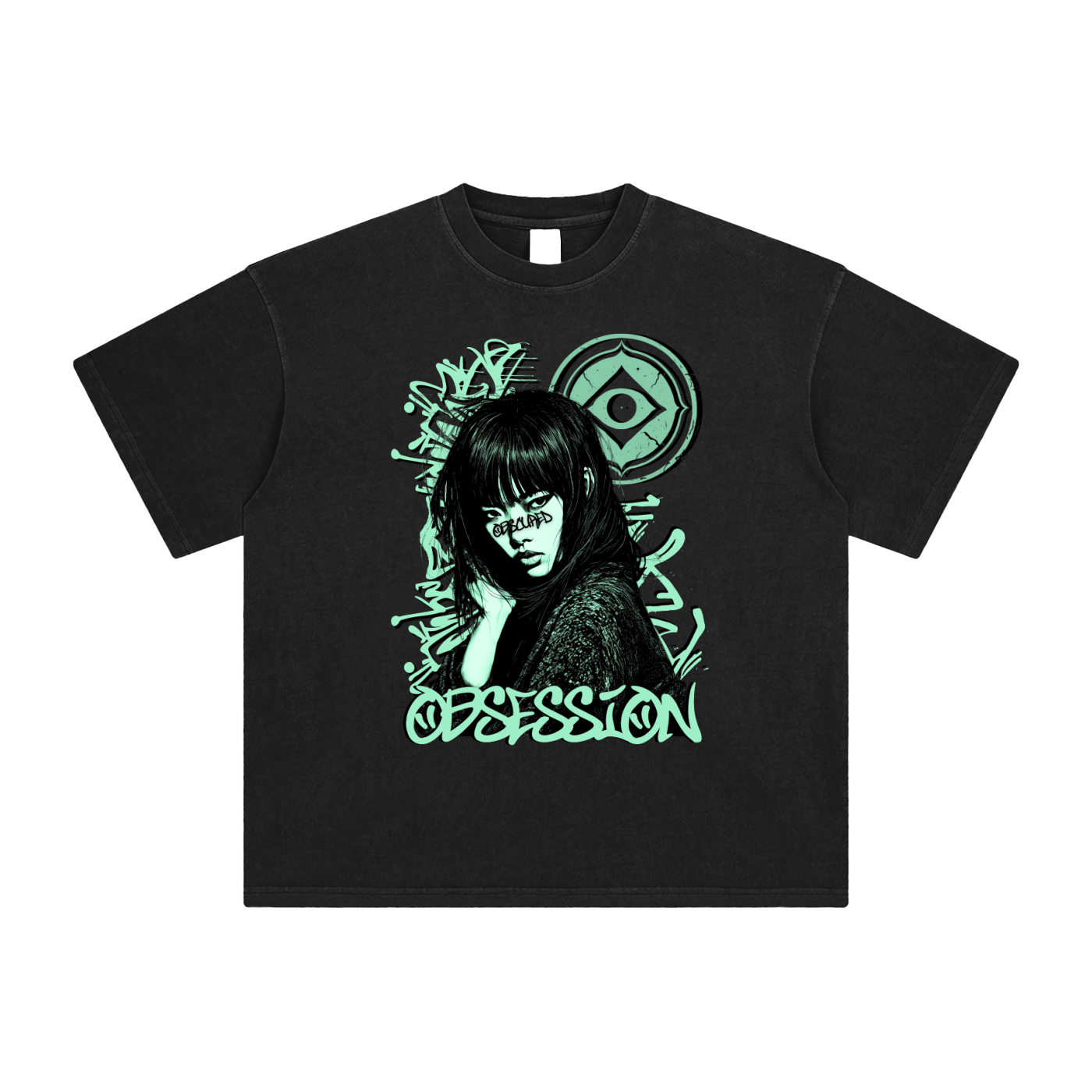 (Black & Green) Enzyme Washed Graffiti T-Shirt