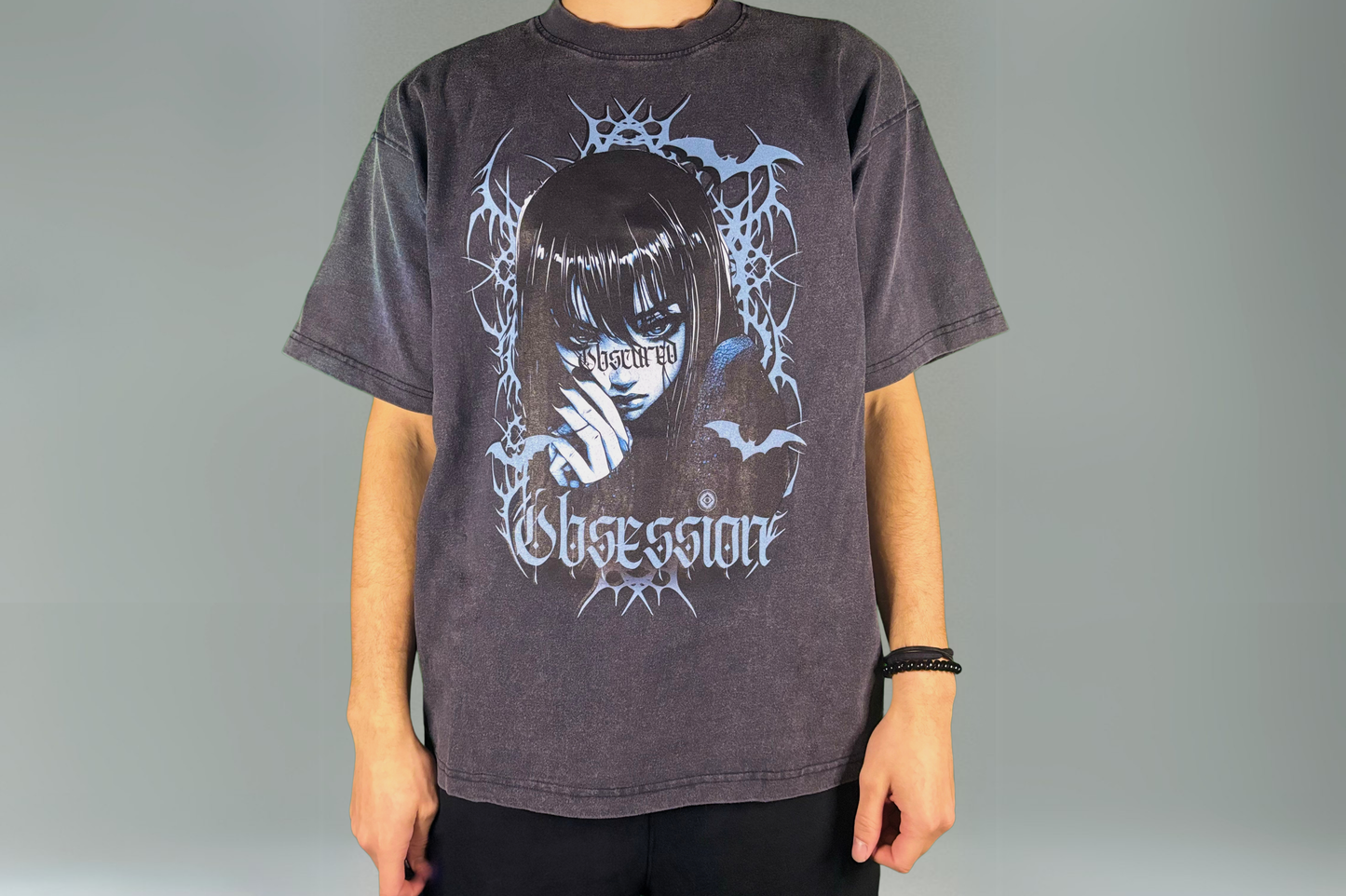 (Black & Blue) Enzyme Washed Anime T-Shirt