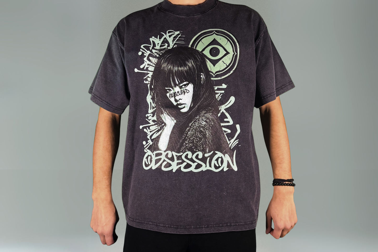 (Black & Green) Enzyme Washed Graffiti T-Shirt