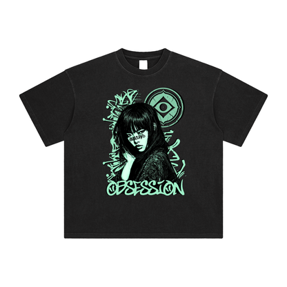 (Black & Green) Enzyme Washed Graffiti T-Shirt