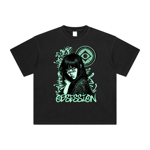 (Black & Green) Enzyme Washed Graffiti T-Shirt