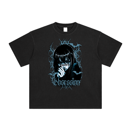 (Black & Blue) Enzyme Washed Anime T-Shirt